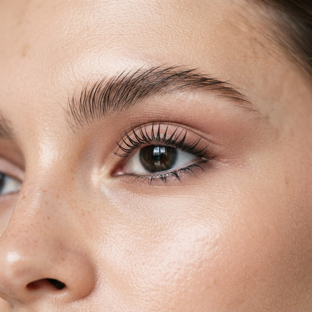 Close-up of a natural lash lift and laminated brows